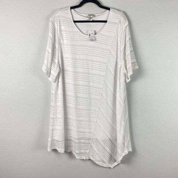CJ Banks Tunic Shirt Size 3X White Short Sleeve Asymmetric Hem - Picture 1 of 10